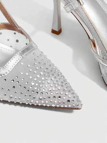 CUCCOO SZL Women's Pointed Toe High Heel Black Mesh Rhinestone Embellished Fashionable Sexy Glamorous Party Occasion Stilettos With Ankle Strap - Silver 1 - View 5