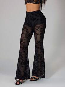 SHEIN PETITE Quần ống loe lưới xuyên thấu gợi cảm dành cho nữ, màu đen. - màu đen - Xem 8