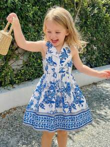 SHEIN Youth Girl Summer Blue Floral A Line Short Dress With Sleeveless Collar And Zipper Flared Hem Vacay Style - Blue - View 3
