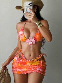 Swim SXY 女士26ss新款印花比基尼套装，带蛋糕裙摆，性感优雅三件套比基尼，适合海滩派对和假期穿着 - 橘色 - 查看 1