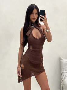 Aloruh 女士春夏新款棕色优雅性感时尚前卫Y2K波西米亚风千禧辣妹音乐节海滩度假镂空针织露背不对称下摆毛衣连衣裙 - 棕色 - 查看 7