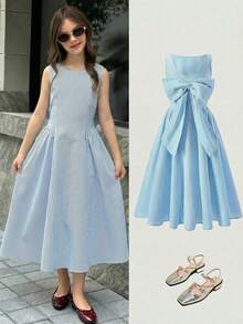 Serisse Kids 少女休闲优雅露背大蝴蝶结装饰无袖连衣裙，适合花童、毕业典礼、公主裙、生日派对、圣诞节、新年等场合。 - 藍色 - 查看 16