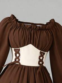 经典春秋季甜美风格杏色方领喇叭袖长袖中长连衣裙，腰部系带，适合少女日常穿着、派对、购物和其他场合。 - 棕色 - 查看 4