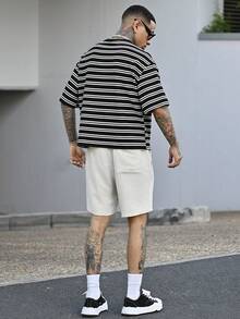 Devon Thys Camiseta casual de manga corta de cuello redondo con estampado de rayas para hombre, verano - Blanco y Negro - Ver 5