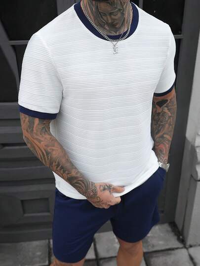 Manfinity Homme 男士舒适圆领短袖T恤套装（2件装）搭配抽绳松紧腰短裤，休闲百搭，适合度假、聚会、外出、运动、办公等场合，经典日系风格，春秋季节必备，自穿或送礼皆宜。