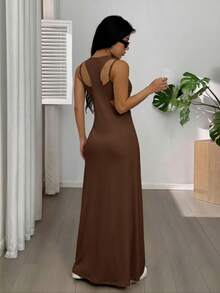 SHEIN EZwear 女士不对称领无袖休闲连衣裙，咖啡棕色，夏季连衣裙，内置胸罩 - 咖啡棕 - 查看 2