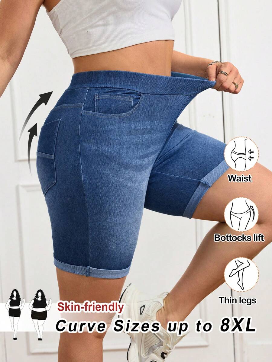 SHEIN CURVE+ 大码夏季休闲弹力水洗斜插口袋牛仔短裤 春夏狂欢节服装通勤度假毕业时尚Y2K可爱街头风派对婚礼优雅商务休闲女装 大码中腰卷边牛仔短裤 舒适弹力蓝色牛仔裤 高弹牛仔百慕大短裤 塑形修身牛仔短裤 塑形修身牛仔短裤 简约牛仔短裤 春季外出必备短裤 - 藍色 - 查看 1