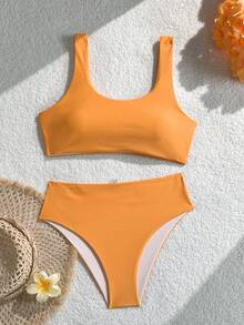 Swim Basics Women's Solid Color Scoop Neck Backless Bikini Set - Orange - View 3