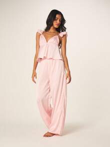 MISSGUIDED Women's Pink Ruffle Sleeveless V-Neck Cami Top With Wide Leg Palazzo Pants Pajama Set Sleep Loungewear For Spring Summer - Pink - View 1