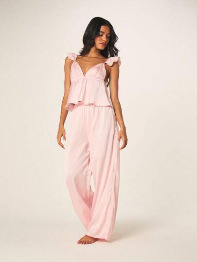MISSGUIDED Conjunto de pijama de camisa de tirantes con cuello en V y volantes rosa y pantalones palazzo de pierna ancha para mujer, ropa de estar en casa para primavera y verano