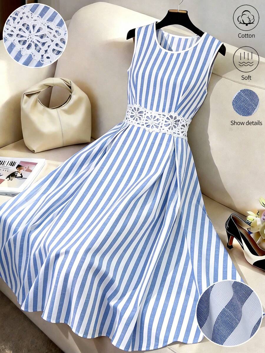 GlowEve Women's Cotton Linen Blue & White Striped Waist Patchwork Hollow Lace Trim Waist A-Line Midi Dress, Charming Elegant Daily Commute Vacation Fashion Date French Street Retro Versatile Spring Summer Blue & White New Style Sleeveless Shirt Dress - Multicolor - View 1