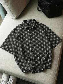 AXEPEAK Men's Simple Print Short Sleeve Shirt - Black - View 1