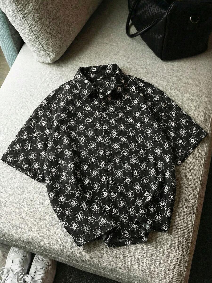 AXEPEAK Men's Simple Print Short Sleeve Shirt - Black - View 1