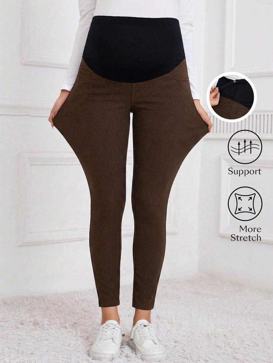 SHEIN Adjustable Waist Patchwork Casual Everyday Maternity Jeans - Coffee Brown - View 1
