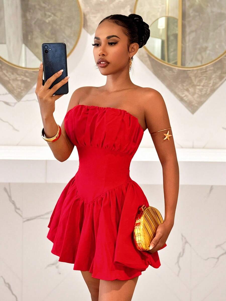 Slaydiva 2025新款派对、生日、鸡尾酒会、情人节、万圣节、圣诞节、婚礼、日常休闲法式夏季新款无肩带泡泡裙摆公主迷你连衣裙，红色 - 紅色 - 查看 1