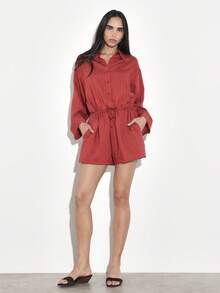 KSTM Women's Long Sleeve Button Down Collared Romper With Drawstring Waist Tie Detail Fall Autumn Casual Playsuit - Red - View 3