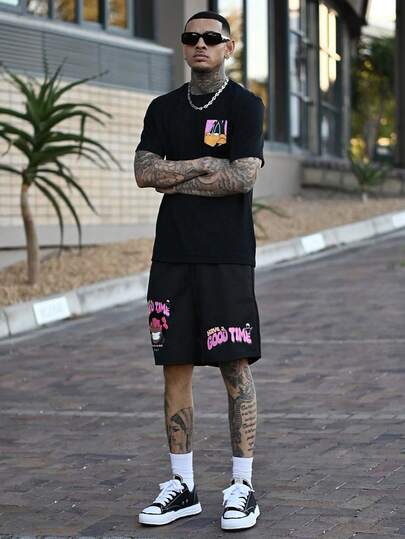 Devon Thys Men's Slogan Cartoon Character Printed Drawstring Waist Casual Shorts, Football Style