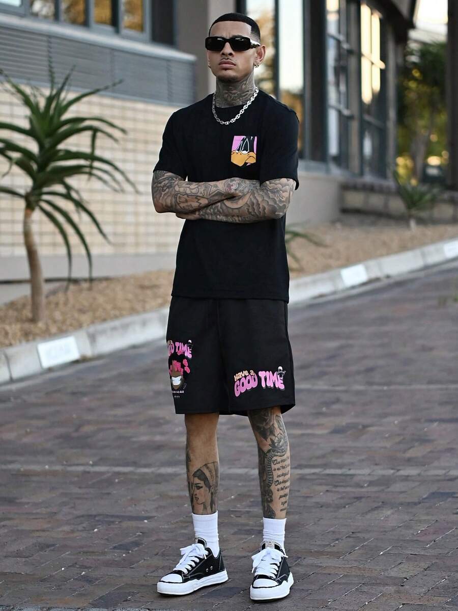 Devon Thys Men's Slogan Cartoon Character Printed Drawstring Waist Casual Shorts, Football Style - Black - View 1