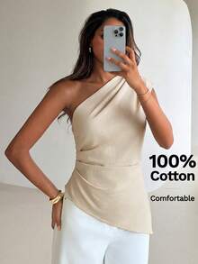 Aloruh Áo sơ mi nữ thanh lịch, kiểu dáng tối giản với vạt áo bất đối xứng, màu vải lanh, chất liệu cotton nguyên chất cao cấp, thích hợp cho mùa xuân/hè. - Màu be - Xem 7