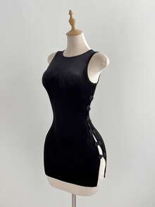 Elamini Casual Velvet Metal Buckle Slit Sexy Black Dress For Women - Black - View 1