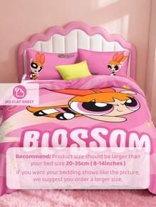 THE POWERPUFF GIRLS X SHEIN 三件套玫瑰粉卡通印花被套，柔软磨砂面料，粉色被套，心形、星星、卡通人物图案，多种尺寸可选，适用于单人床、双人床、特大号床和加大号床。 - 粉色 - 查看 5