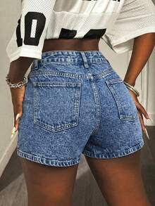 Slaydiva Shorts vaqueros casuales de cintura alta con bolsillos y contraste de color para mujer - Azul lavado oscuro - Ver 2