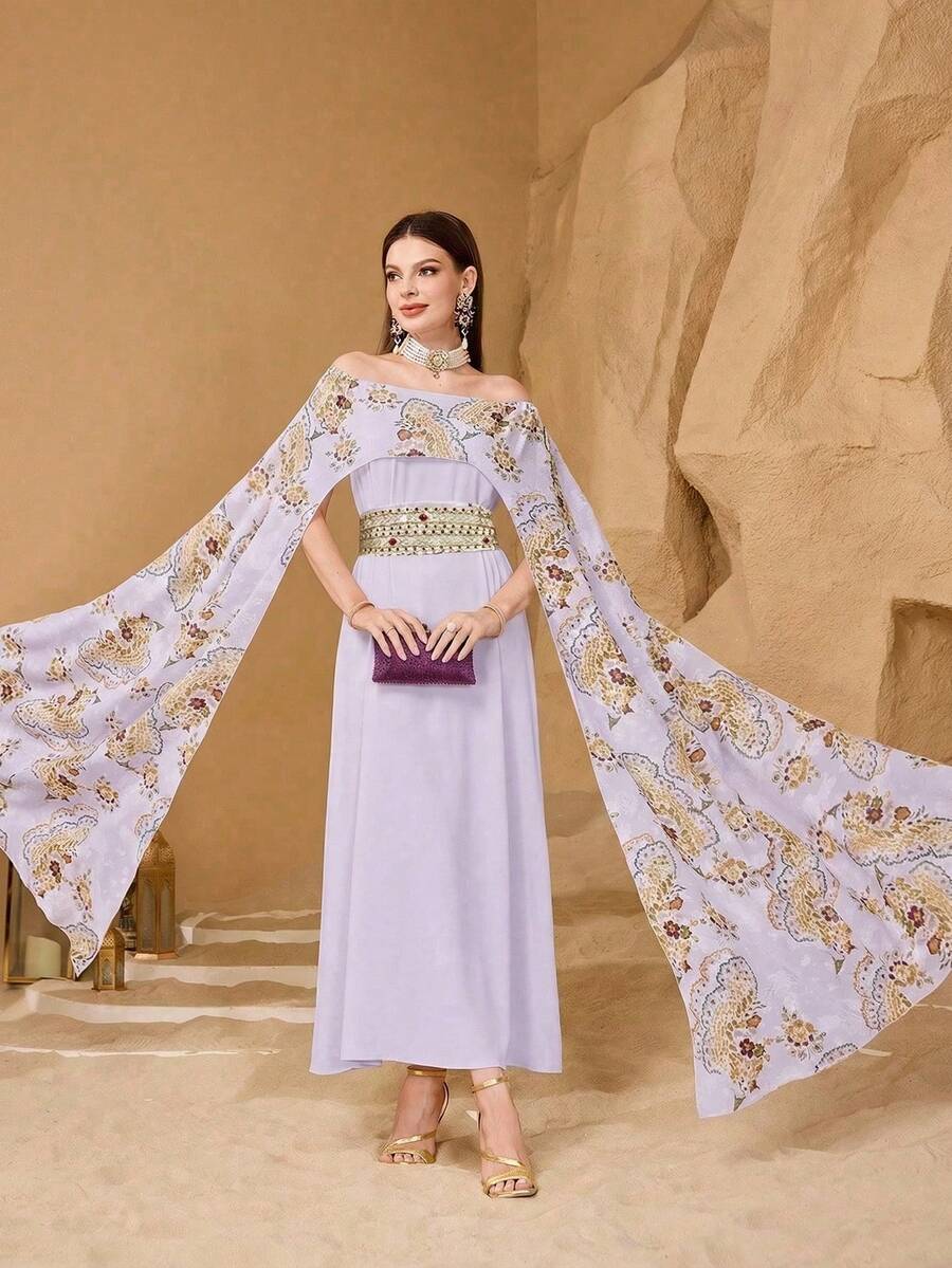 Layrah Elegant Floral Decor Women's Cinched Waist Flattering Midi Dress - Mauve Purple - View 1