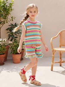 SHEIN Playful Pals 女童（小号）卡其色提花针织无袖上衣和短裤套装，休闲简约夏季日常穿搭 - 彩色 - 查看 9