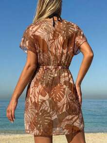 Swim Lushoire 女士沙滩度假休闲V领印花罩衫 - 橘色 - 查看 2