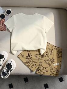 SHEIN Playful Pals 男婴可爱卡通恐龙印花圆领T恤和印花短裤两件套，夏季 - 彩色 - 查看 3
