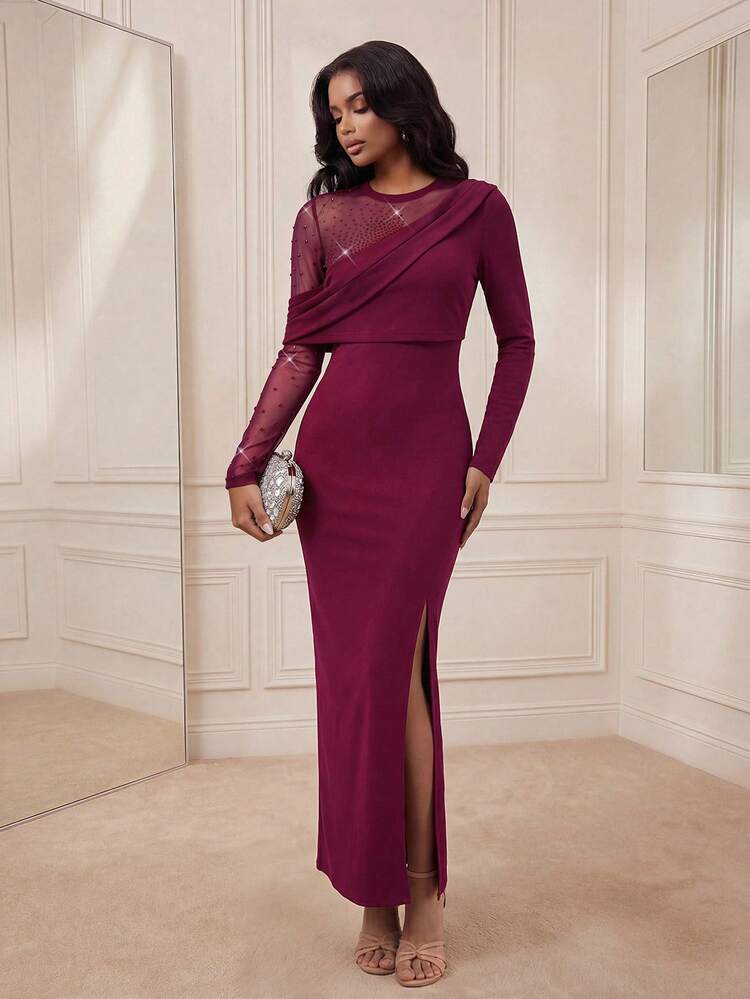 Elegant Off-Shoulder Mesh Rhinestone Splice Slit Fitted Maxi Dress, Burgundy Red For Evening Party