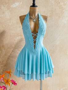 Soleia 女士露背系带性感迷你连衣裙，时尚百搭，适合约会和派对 - 藍色 - 查看 3