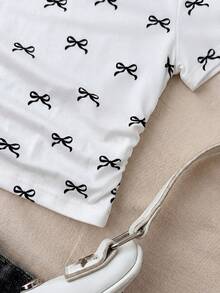 SHEIN Tween Girl White Knit Casual Minimalist Polka Dot Print Ruched Waist Cropped Top, Suitable For Spring/Summer, Casual, Personality Styling, Daily Wear  New Ss26 Fashion - Multicolor - View 6