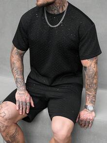 SLATEMANN 男士两件套T恤短裤套装，圆领设计，时尚男士夏季两件套服装，男士夏季服装，男士T恤套装，男士两件套搭配，男士两件套 - 黑色 - 查看 6