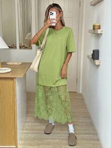 Easowa 圆领纯色短袖宽松休闲T恤，蕾丝连衣裙，时尚百搭，适合外出和通勤的春季女装，夏季女装，绿色蕾丝连衣裙，早午餐女装，超大T恤连衣裙，连体连衣裙，夏季长款休闲连衣裙，度假装，法式连衣裙，新款女装 - 綠色 - 查看 3