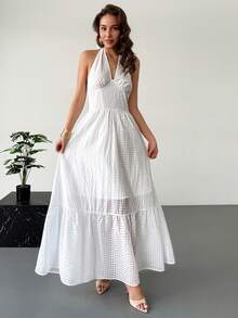 Aloruh 浪漫约会荷叶边白色格子连衣裙（女款） - 白色 - 查看 5