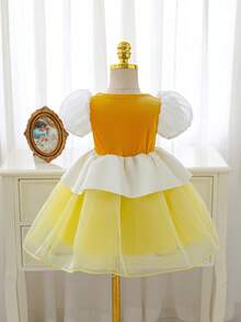 SHEIN Glamorique Kids 女婴公主薄纱连衣裙，黄色网纱连衣裙，宝石装饰，生日派对婚礼节日正式礼服，泡泡袖，可爱优雅的正式礼服，四季皆宜，袖口公主裙，婴儿公主裙，精美婴儿连衣裙，薄纱连衣裙，黄色婴儿连衣裙，婴儿公主裙，婴儿连衣裙，S码服装连衣裙，仙女裙，女童公主礼服，婴儿正式礼服，黄色婴儿连衣裙，连衣裙，女婴连衣裙，泡泡袖连衣裙，女婴连衣裙 - 黃色 - 查看 2