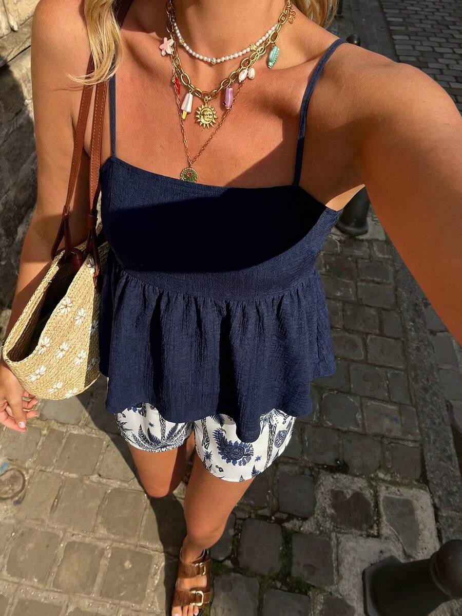 Selianne Conjunto informal de top de tirantes plisado y shorts con estampado de anacardo para mujer, primavera/verano - Multicolor - Ver 1