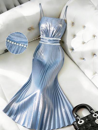 Franclia 2026 Nuevo vestido largo elegante para mujer, vestido plisado con tirantes de satén y cintura de perlas, adecuado para fiestas elegantes, uso en vacaciones de verano