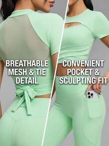 Innovista Women's Neon Green Solid Hollow-Out Design Short Sleeve Top And Leggings Tennis Outfit - Green - View 7