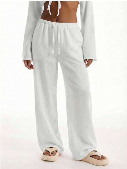 Tween Girls' White Casual Pants, Linen-Feel Drawstring Beach Pants, Elegant Summer Holiday Bohemian Style White Airport Beach Pants, Spring Vacation