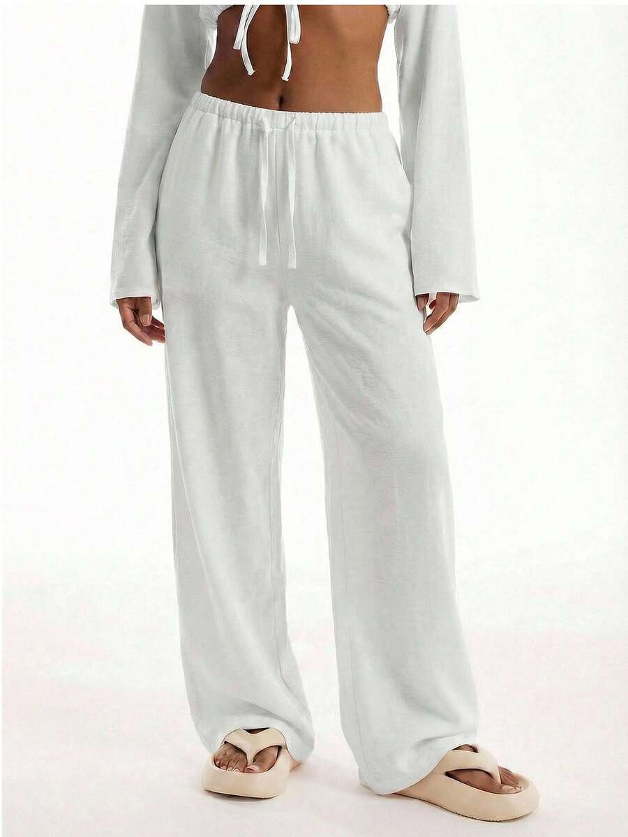 少女白色休闲裤，亚麻质感抽绳沙滩裤，优雅夏季度假波西米亚风白色机场沙滩裤，春季假期 - 白色 - 查看 1