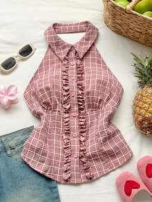 Comfortcana 女士格子荷叶边单排扣吊带衬衫，新年款；粉色波点 - 粉色 - 查看 4