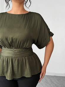 Elenzga 大码女式纯色圆领短袖荷叶边下摆时尚衬衫 - 軍綠色 - 查看 7