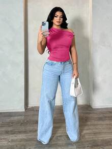 SHEIN SXY 大码女式基础款纯色休闲不对称露肩上衣，棕色，百搭夏季衬衫，棕色单袖上衣，巧克力棕色上衣 - 玫紅色 - 查看 6