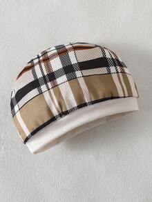 新生儿经典米色和黑色格子围兜，配套米色长袖格子按扣裆连体衣、裤子、帽子和手套六件套 - 杏色 - 查看 4