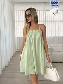Easowa Women's Casual Minimalist Textured Camisole Mini Dress, Summer Women's Summer Dresses Women Sun Dress Cute Summer Dress For Women Vacation Outfits Women Dress Italy Summer Dress Women's Short Summer Sundress One Hundred Percent Cotton Spaghetti Strap Smocked Square Neck Swing Mini Dress Summer Dress Beach Dress Vacation Dresses,Summer Dresses For Women - Green - View 3