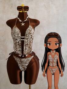 Swim Vcay 2026 New Spring/Summer Women 2pcs Swimsuit Set, Special Fabric Beach Vacation Elegant Casual Swimwear - Brown - View 1