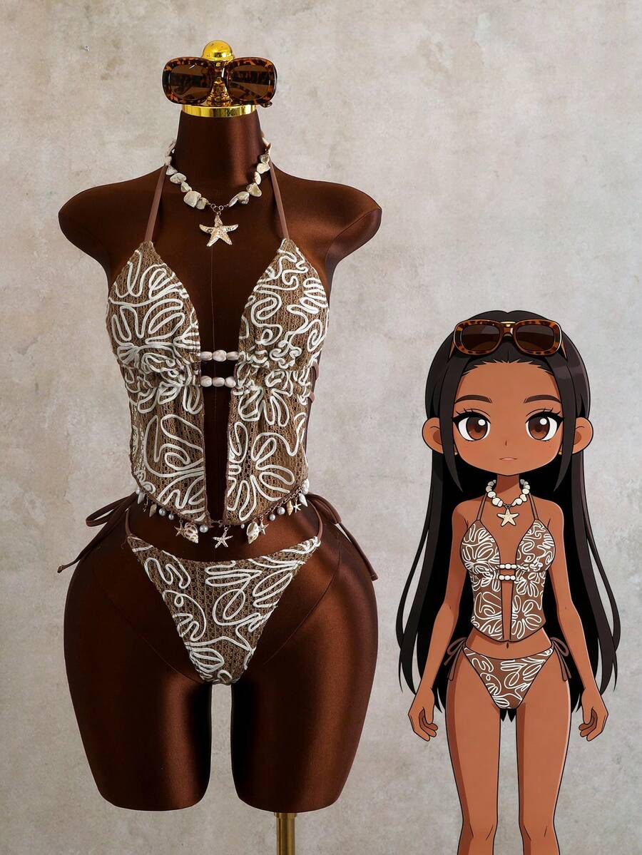 Swim Vcay 2026 New Spring/Summer Women 2pcs Swimsuit Set, Special Fabric Beach Vacation Elegant Casual Swimwear - Brown - View 1