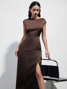 Aveloria Modichic 新款春夏女士缎面礼服，奢华小众优雅宴会修身不对称肩部收腰连衣裙 - 咖啡 - 查看 4